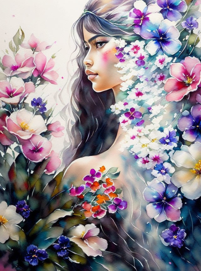 Woman with Long Hair Surrounded by Colorful Flowers in Ethereal Setting