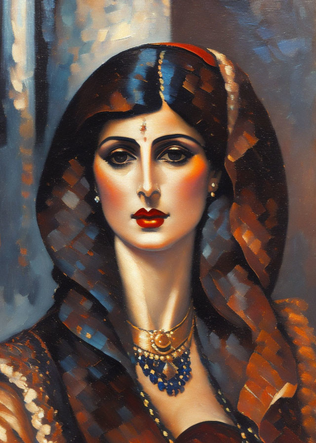 Portrait of a woman in traditional South Asian attire with bindi and dramatic eyes