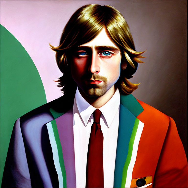 Colorful portrait of man with shoulder-length hair and beard in multicolored striped suit.