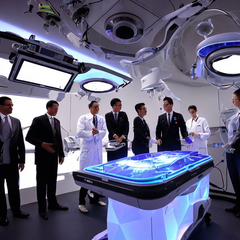 Professionals in Suits and Lab Coats around High-Tech Surgical Table