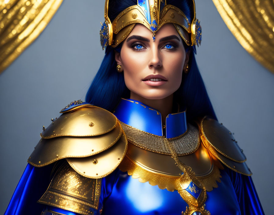 Striking Blue-Eyed Woman in Gold and Blue Warrior Costume