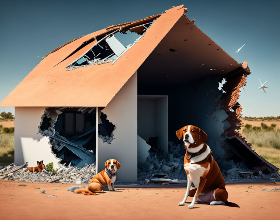 Two dogs in front of partially destroyed house with scattered debris under clear blue sky