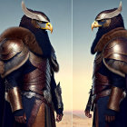 Anthropomorphic eagles in medieval armor against desert backdrop