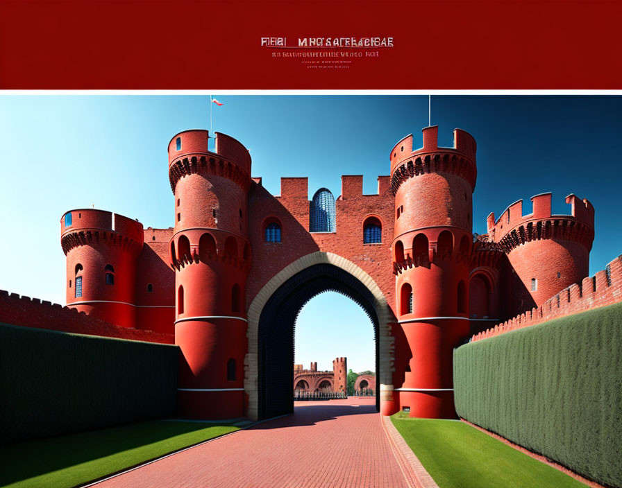 Medieval castle with red walls and cylindrical towers under blue sky