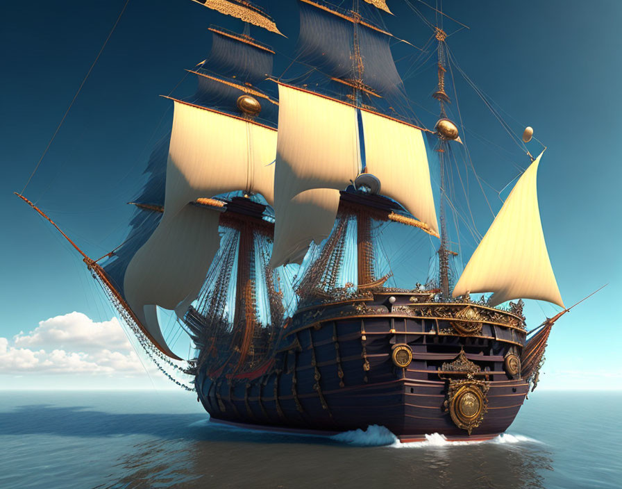 Majestic sailing ship with multiple sails on calm seas