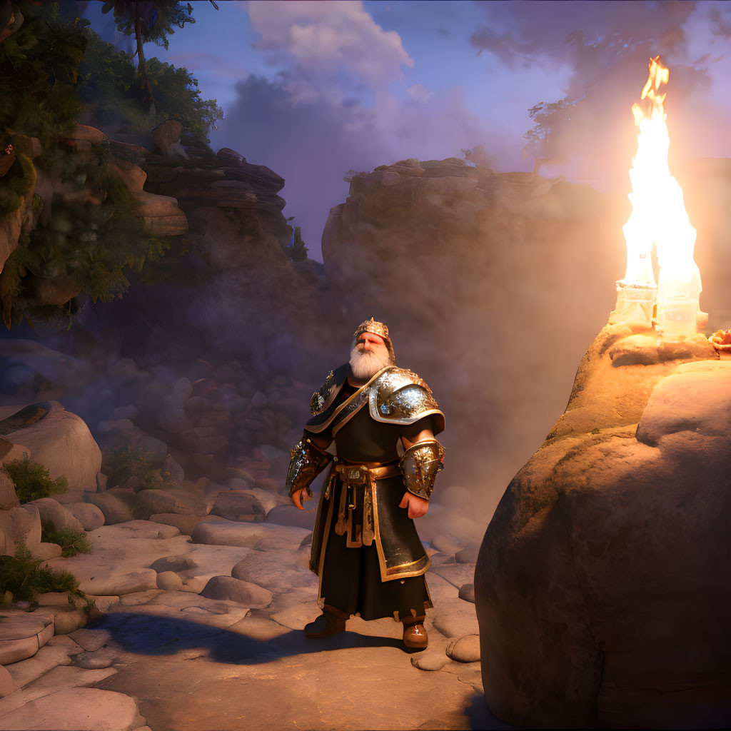 Bearded dwarf in armor by lit brazier in twilight forest.