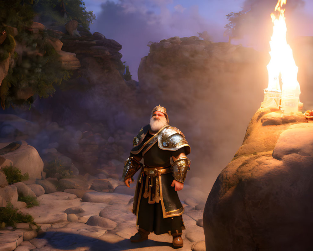 Bearded dwarf in armor by lit brazier in twilight forest.