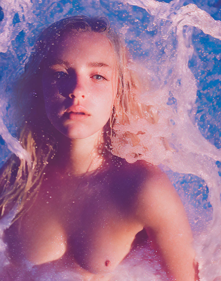 Blonde woman in water with pink hues and bubbles