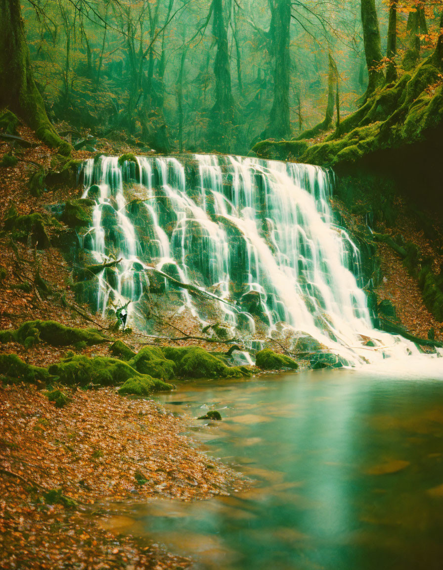 Autumnal forest waterfall with golden leaves and misty trees