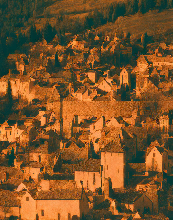 Sepia-Toned Image of Old Village with Traditional Architecture at Golden Hour