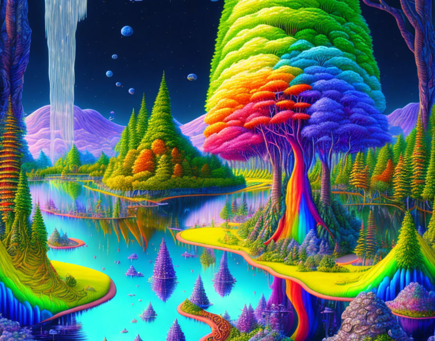 Colorful layered trees, reflective lake, waterfall, mountains, and planets in the sky landscape.