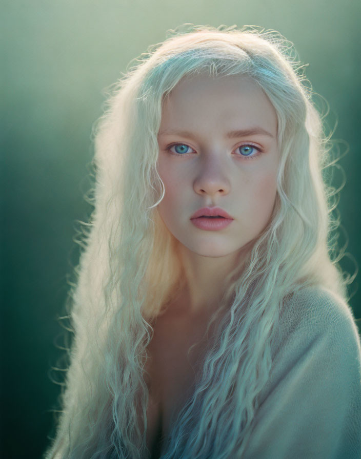 Portrait of person with long blond hair and blue eyes on green background