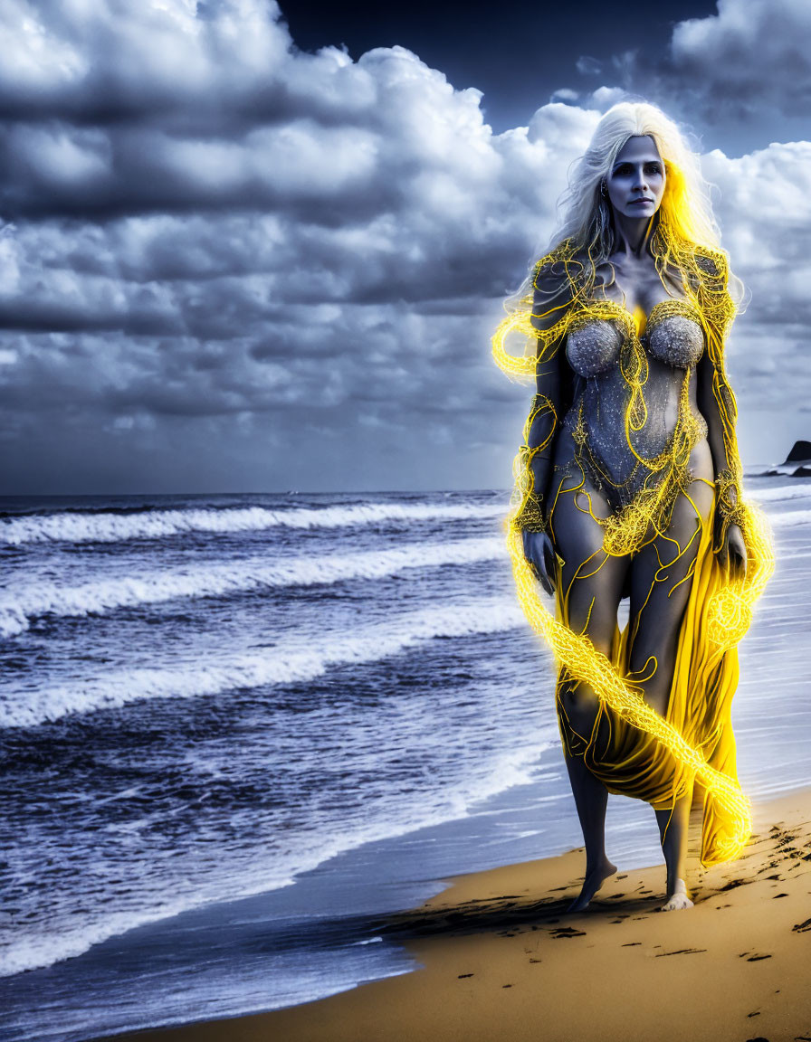 White-haired woman in yellow outfit on stormy beach