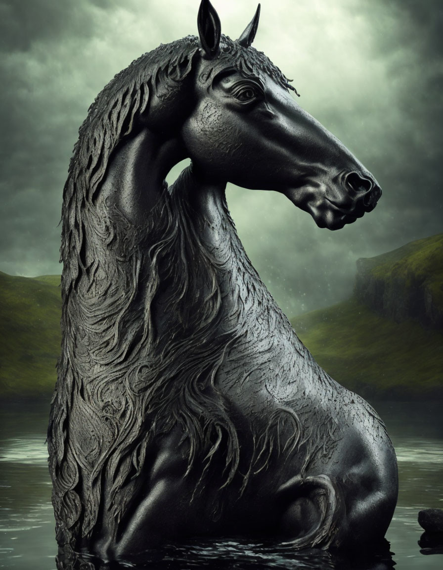 Detailed Horse Sculpture Against Misty Hills and Water