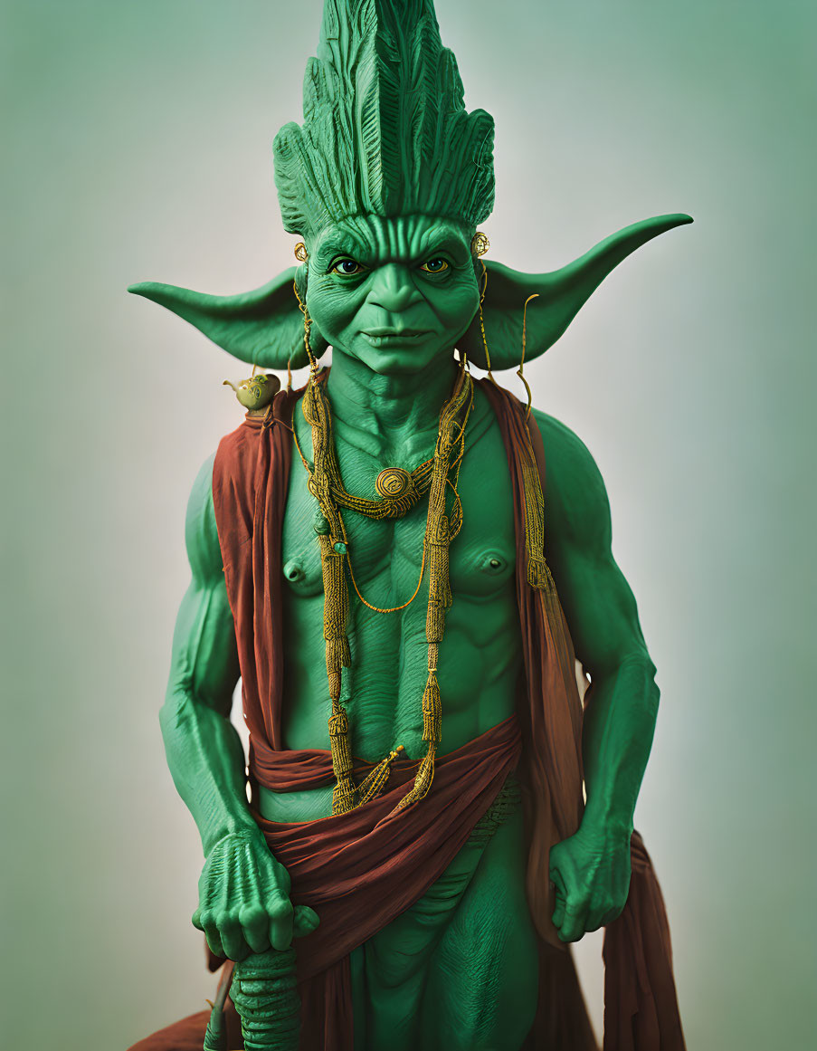 Fantasy creature with green skin, gold jewelry, and red drape on pale green background