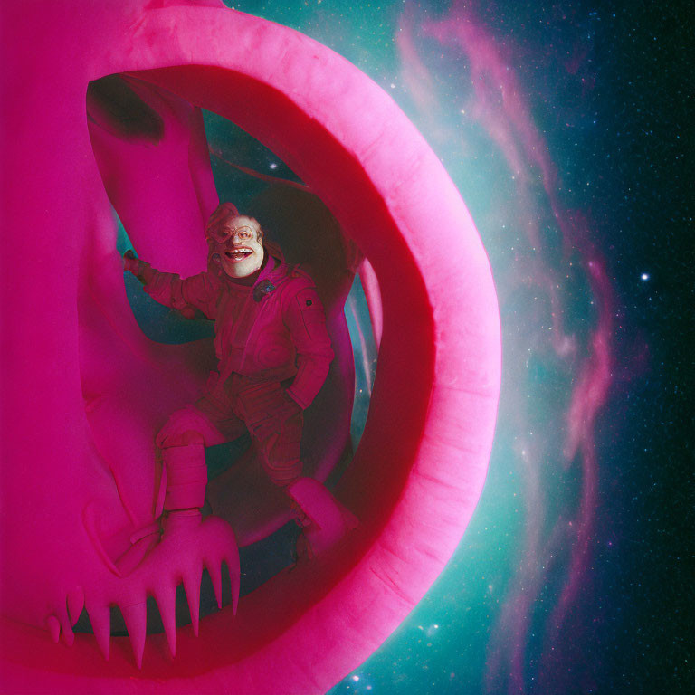 Clown-faced astronaut in pink tunnel with cosmic backdrop