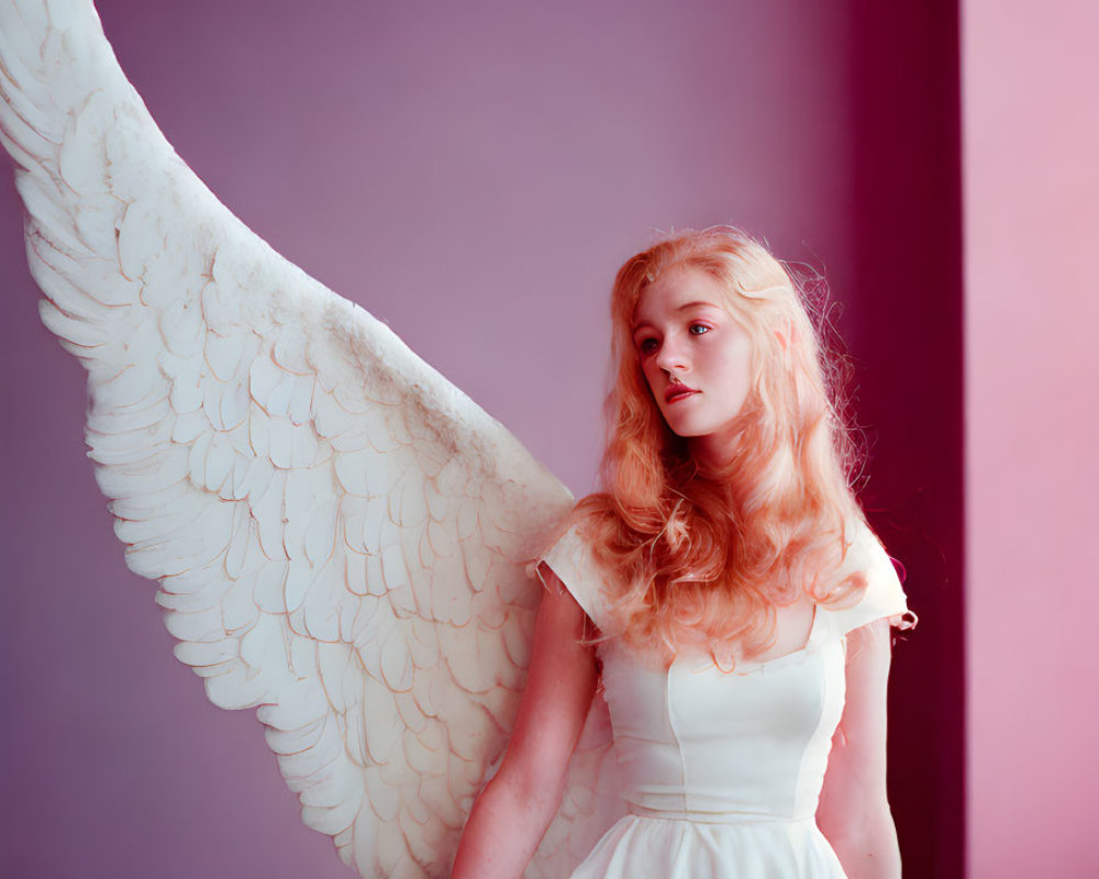 Blonde woman in white dress with angel wings on purple background