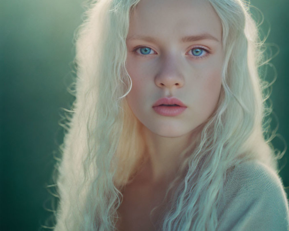 Portrait of person with long blond hair and blue eyes on green background