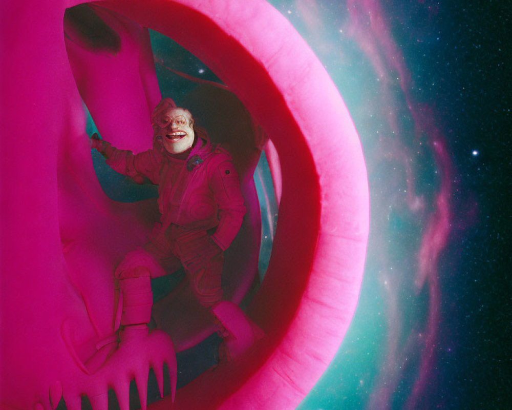 Clown-faced astronaut in pink tunnel with cosmic backdrop