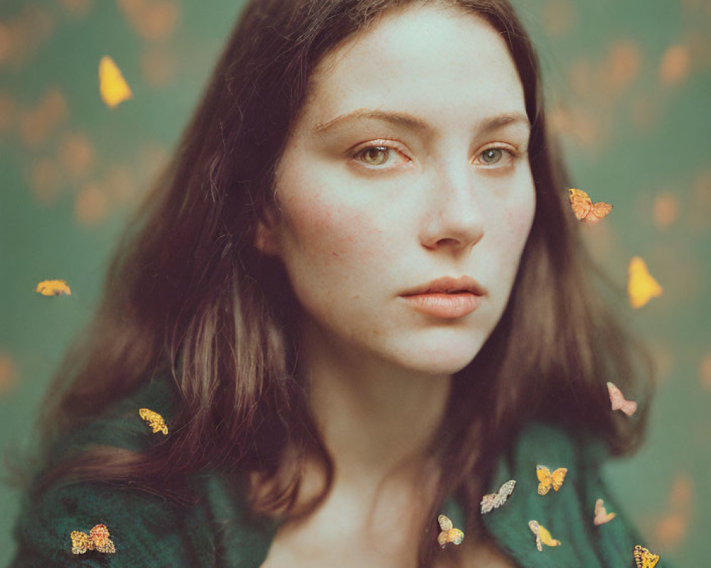 Dark-haired woman with golden butterflies on green backdrop