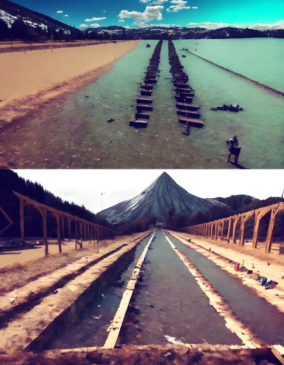 Dystopian landscape with dilapidated pier structures and stark mountain under heavy sky