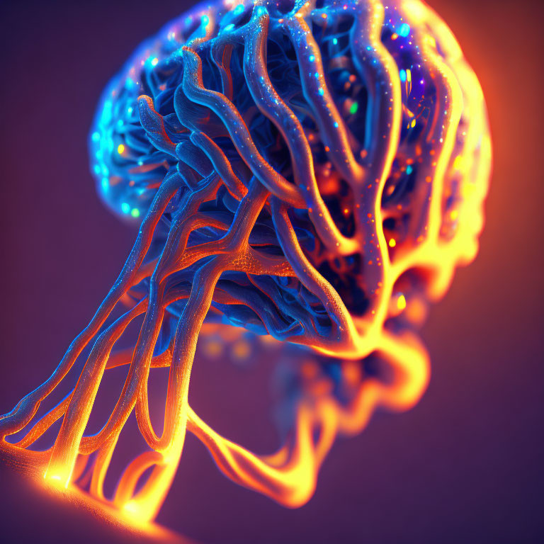 Stylized glowing human brain with blue and orange neural connections