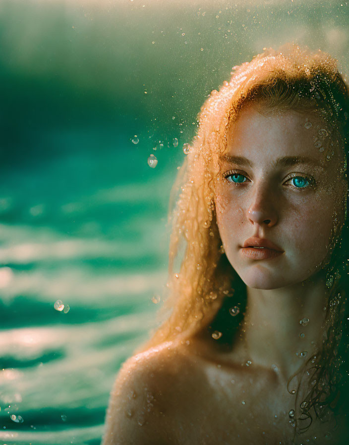 Sunlit young woman with water droplets on skin, blurred aquatic background