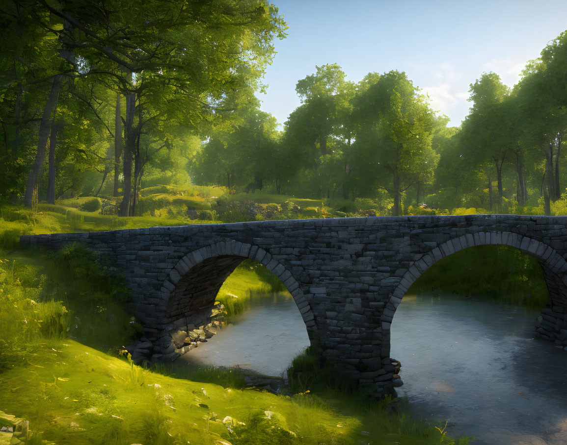 Tranquil Stone Bridge Over Stream in Lush Landscape