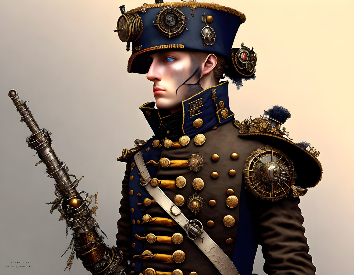 Steampunk-style military uniform with ornate details and telescope.