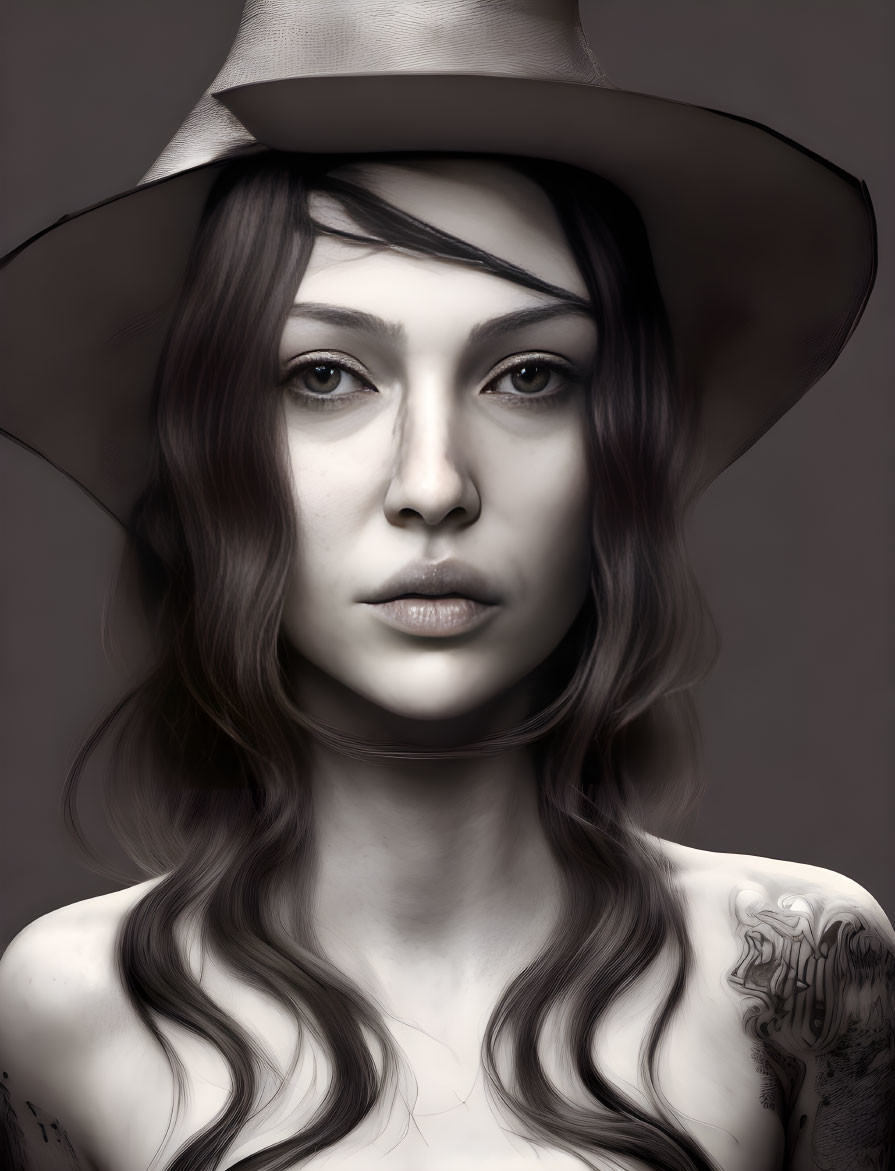 Portrait of woman with wide-brimmed hat, wavy hair, intense gaze, and shoulder tattoo