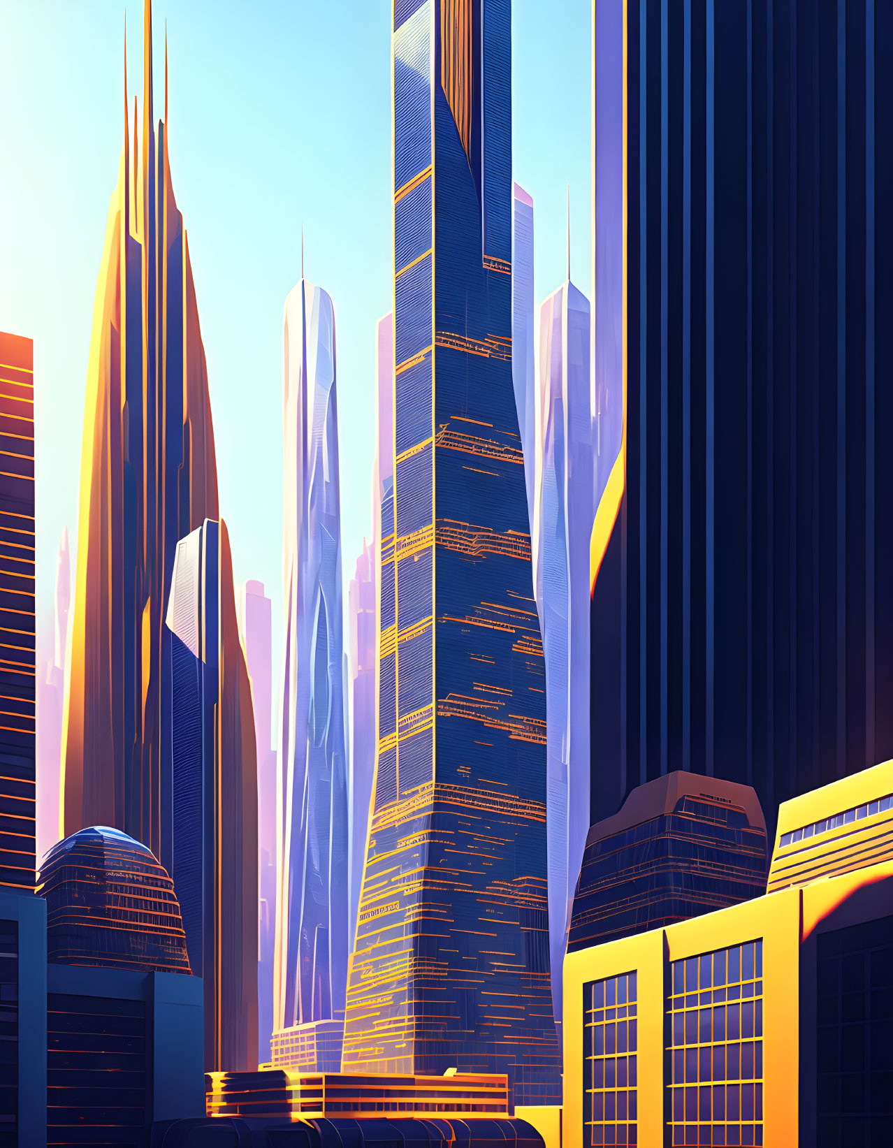 Futuristic cityscape with towering skyscrapers in blue and orange palette