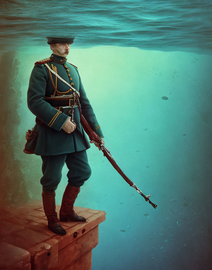 Uniformed soldier with rifle on submerged platform in tranquil underwater setting