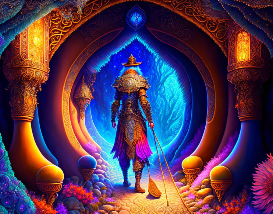 Colorful artwork: Armored figure with staff entering luminous blue portal in ornate corridor