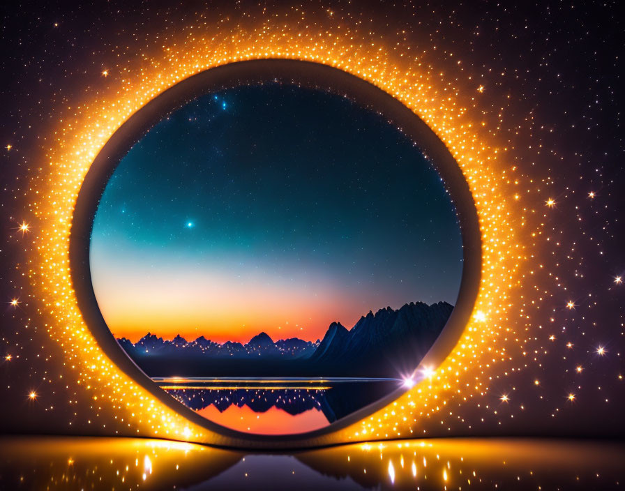 Twilight mountain landscape reflected in circular mirror