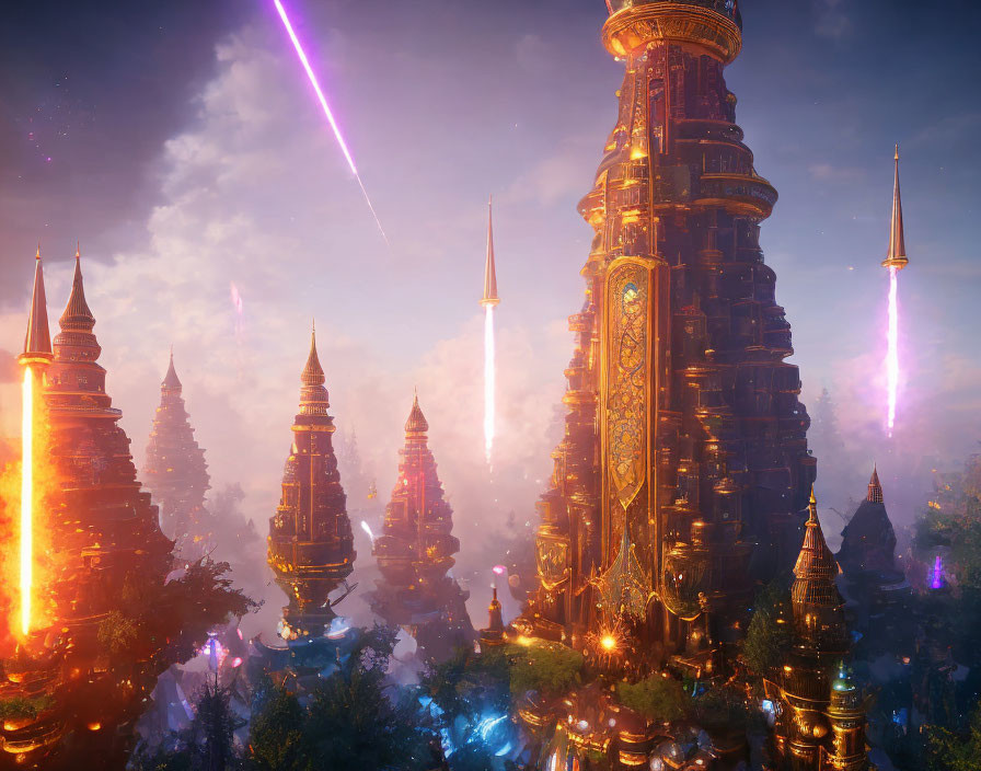 Ethereal fantasy cityscape with ornate towers and shooting stars in twilight sky