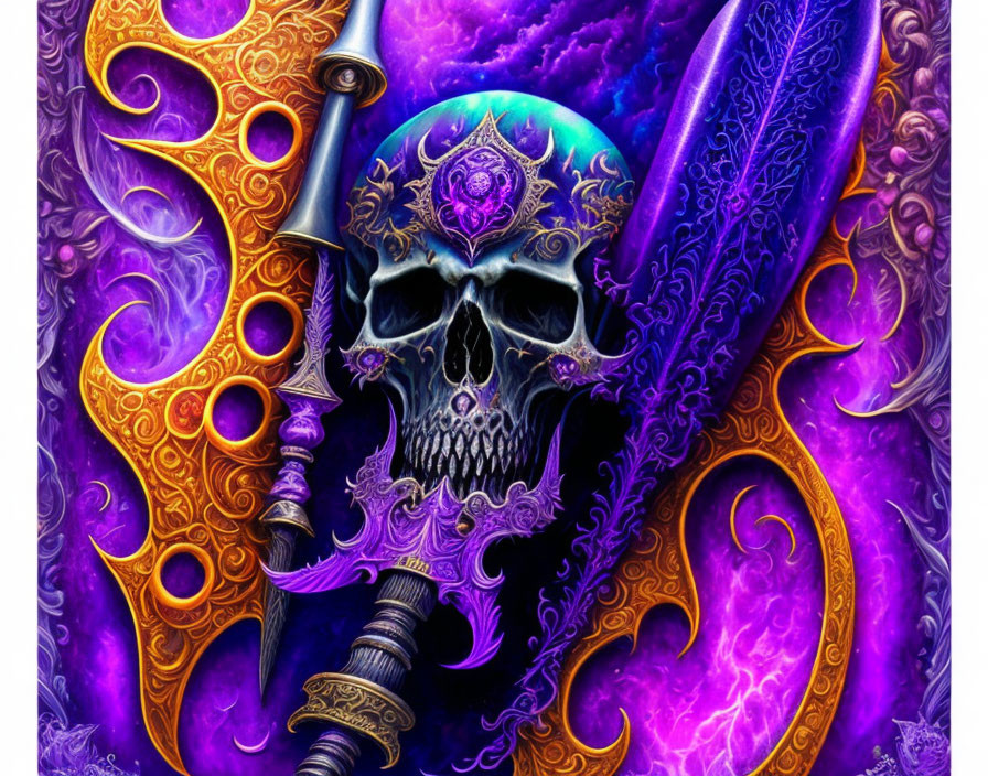 Colorful fantasy skull with purple and golden designs and decorative dagger.