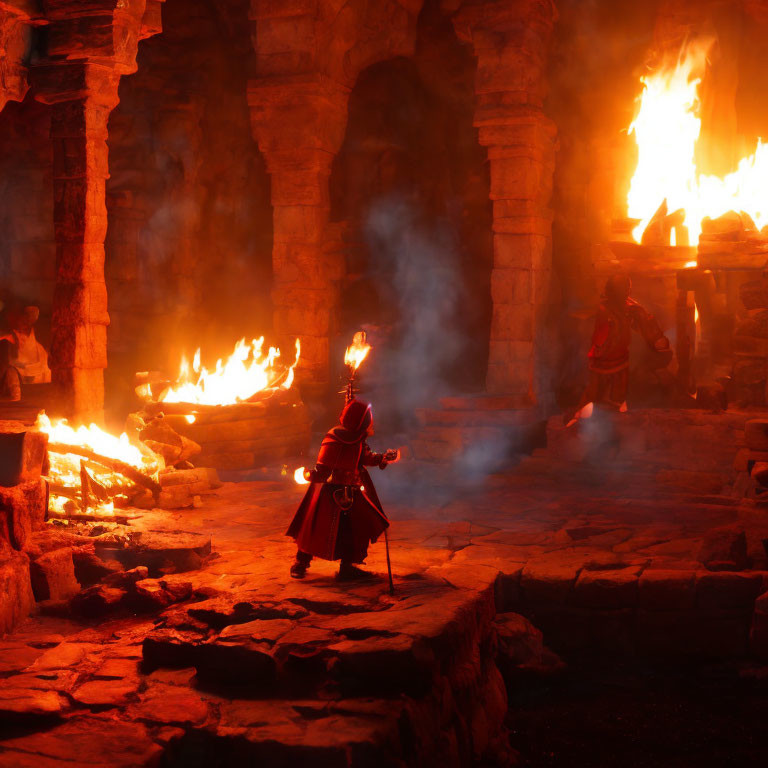 Person in red cloak with torch in ancient stone ruins amid fires and smoke