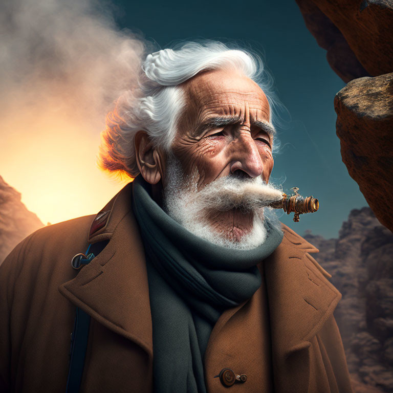 Elderly man with white hair and mustache smoking pipe in rocky sunset setting