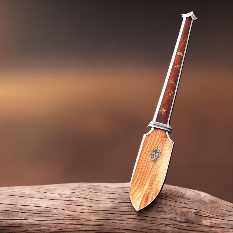 Detailed ornate dagger with patterned blade on wooden surface