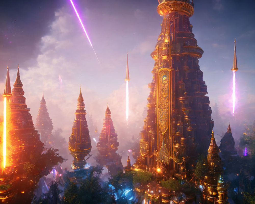 Ethereal fantasy cityscape with ornate towers and shooting stars in twilight sky