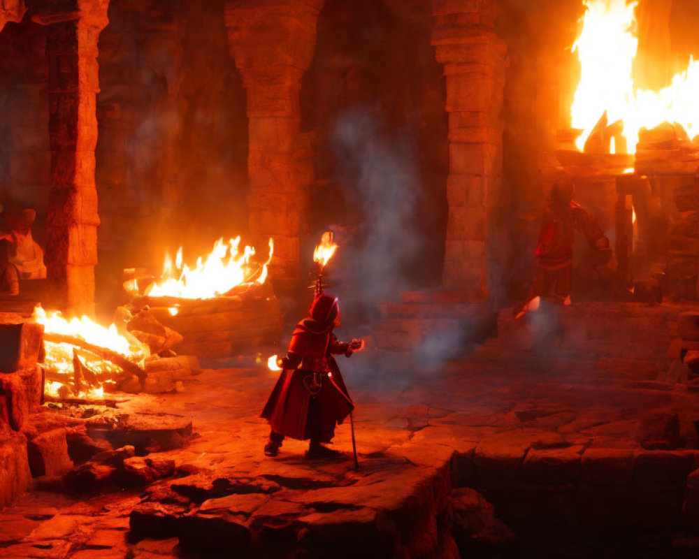 Person in red cloak with torch in ancient stone ruins amid fires and smoke