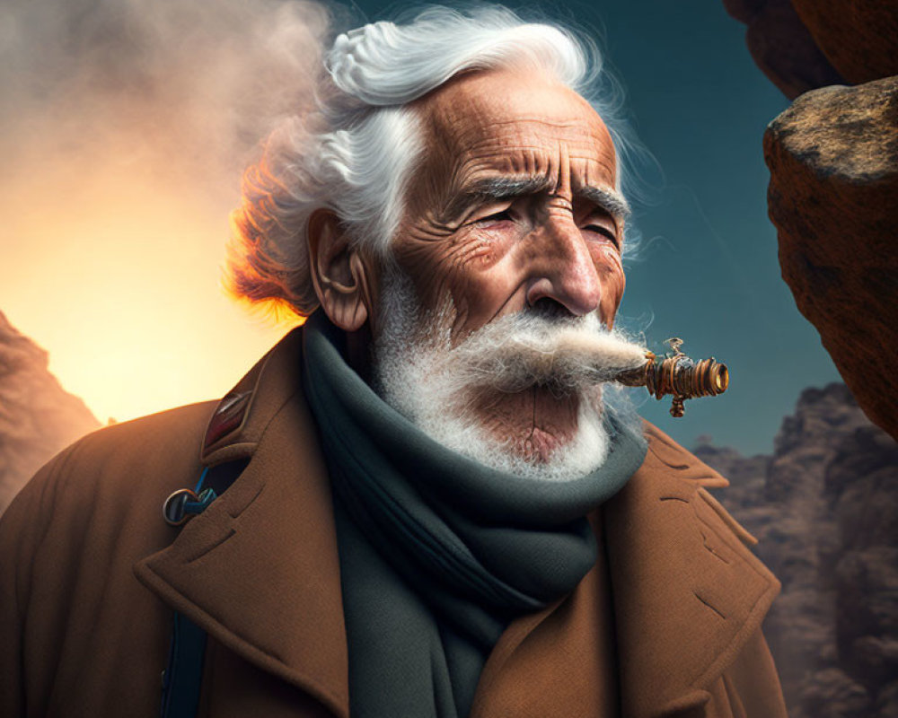 Elderly man with white hair and mustache smoking pipe in rocky sunset setting