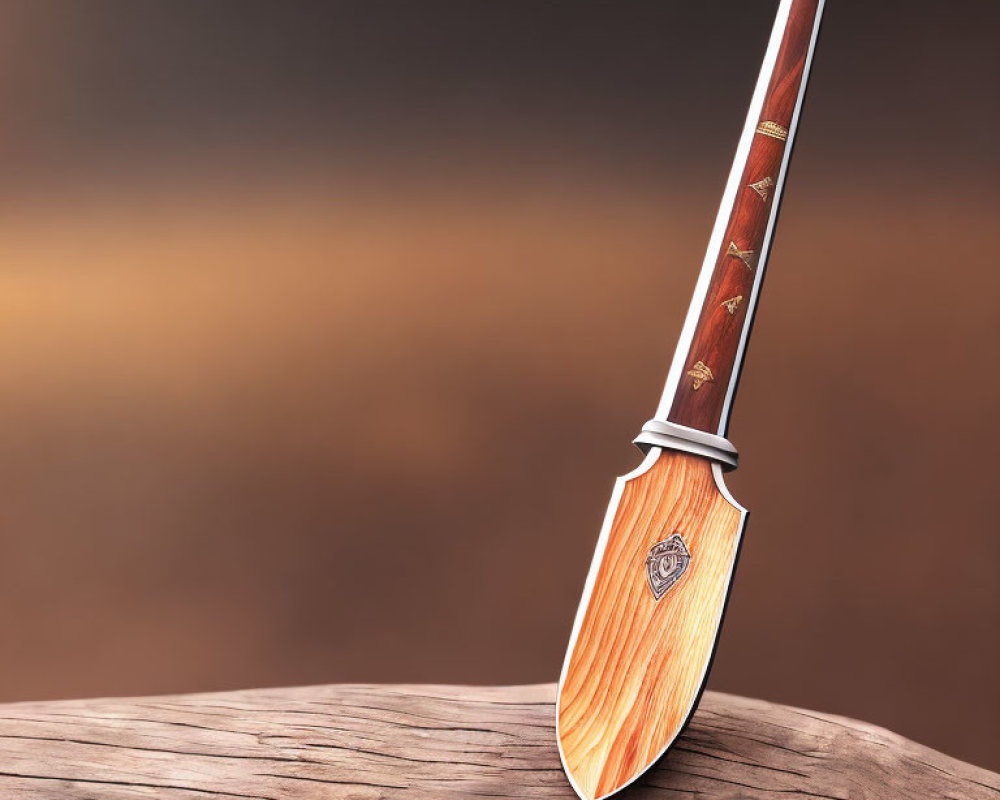 Detailed ornate dagger with patterned blade on wooden surface