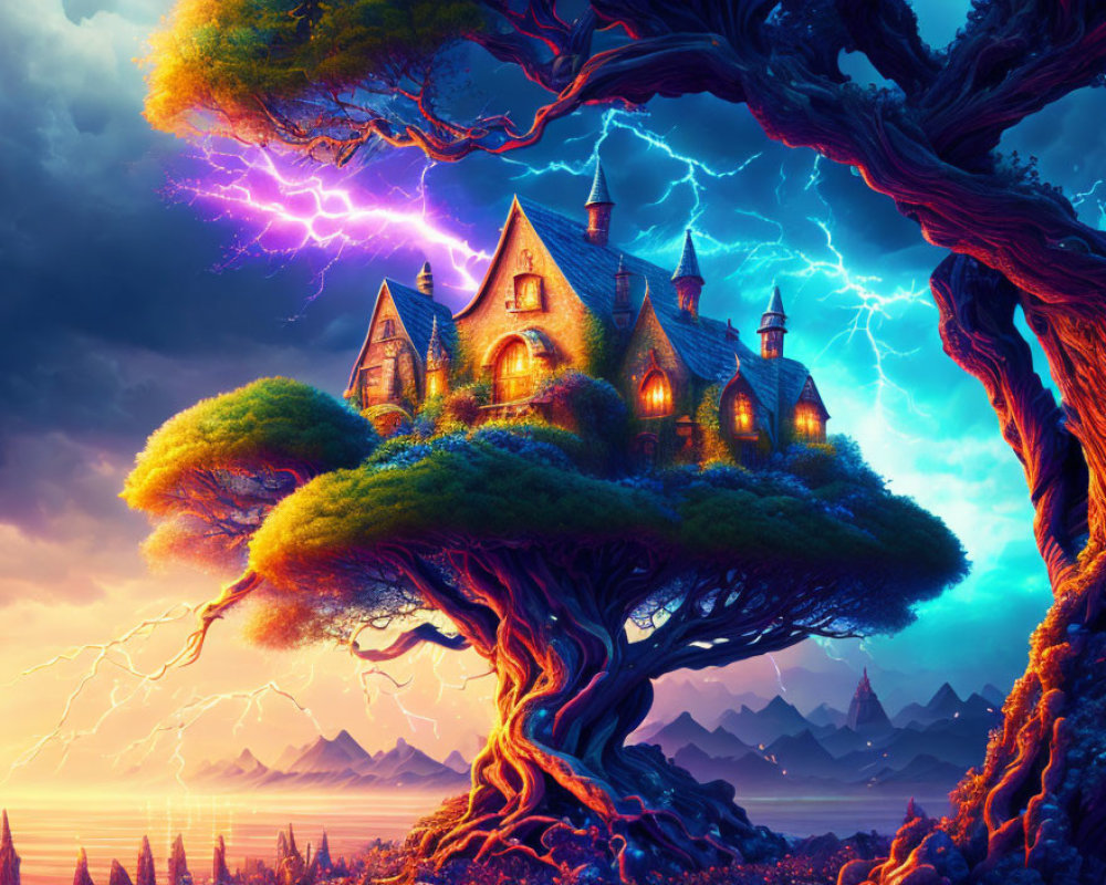 Fantastical image: Ancient tree holding gothic house, mountains, stormy sky