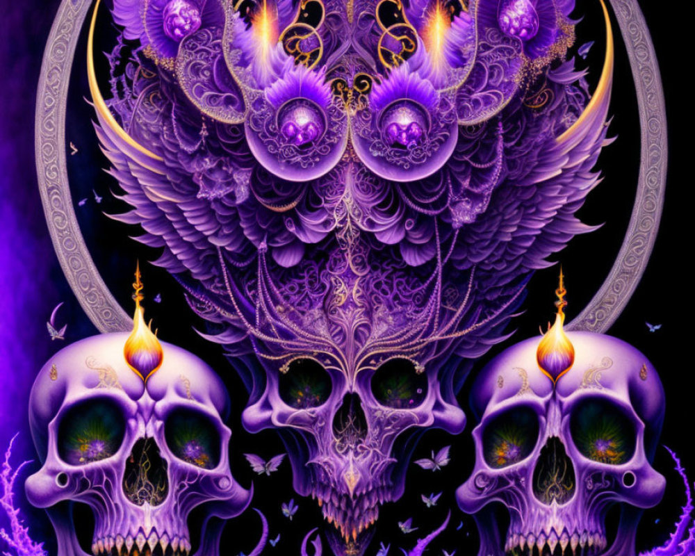 Fantastical Artwork: Vibrant Purple Skull Motifs and Flames