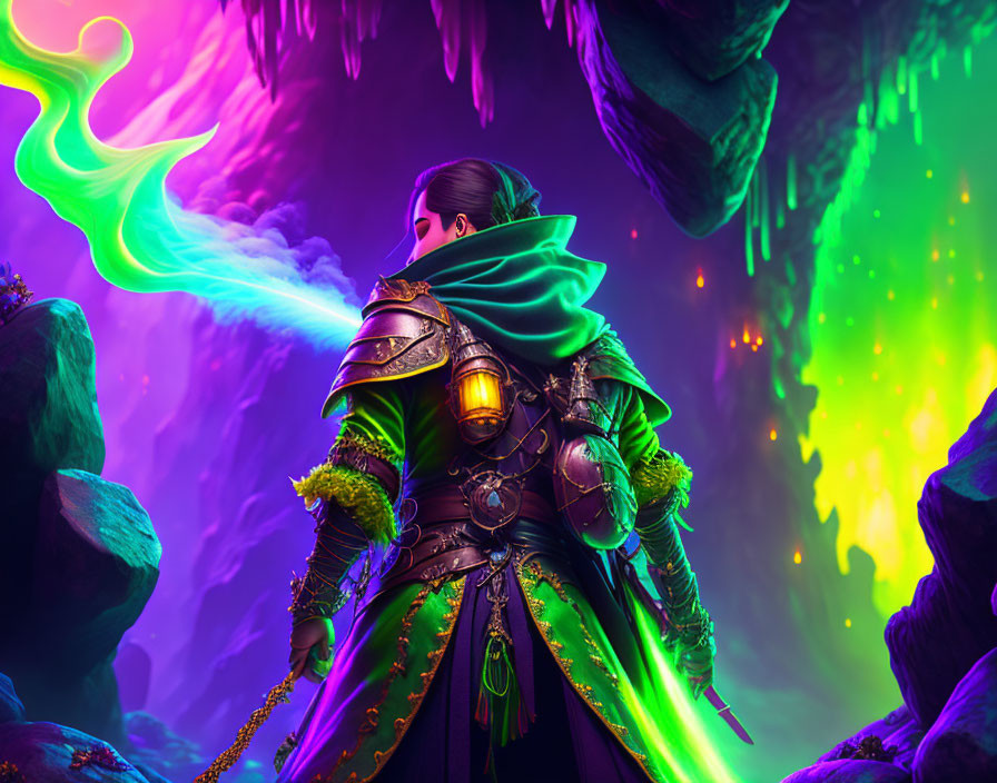 Cloaked Figure in Ornate Armor in Vibrant Cave with Green Flame