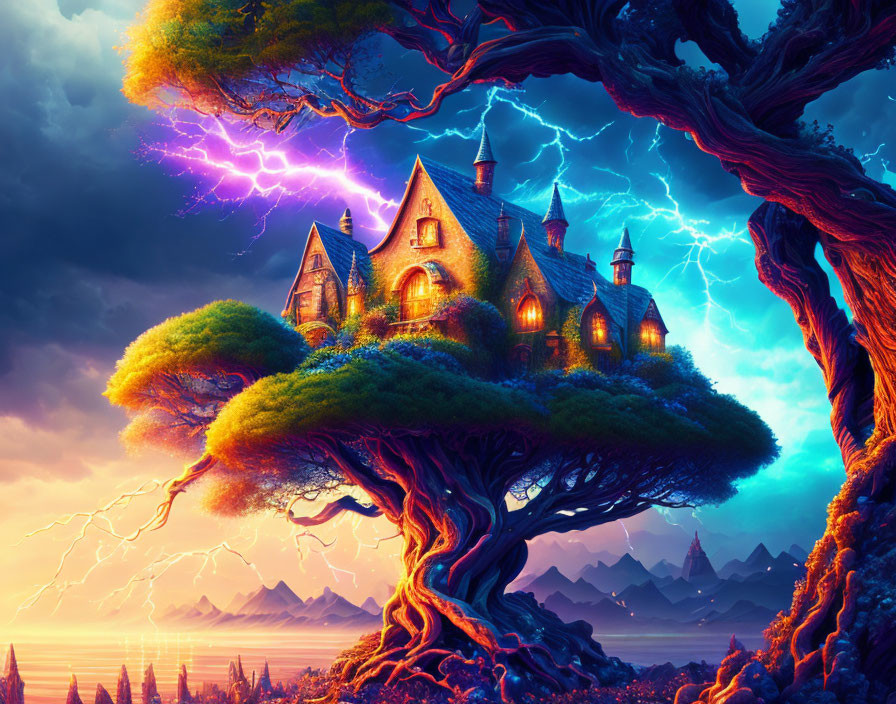 Fantastical image: Ancient tree holding gothic house, mountains, stormy sky