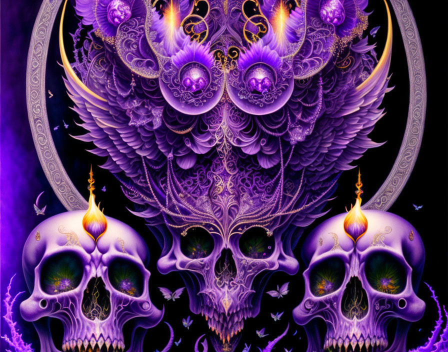 Fantastical Artwork: Vibrant Purple Skull Motifs and Flames