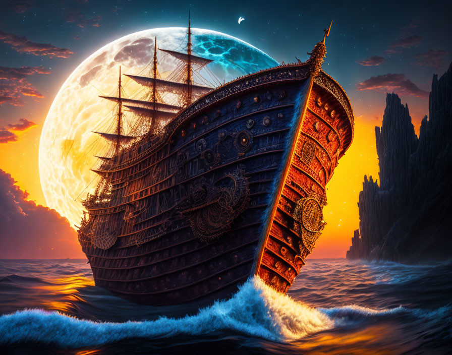 Detailed ship sailing on choppy seas at moonrise with glowing sunset over clouds and rocky shores.