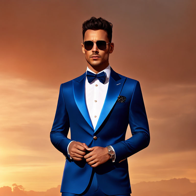 Stylish man in blue suit and bow tie against sunset sky